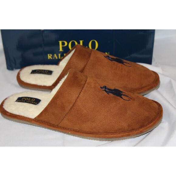NIB POLO RALPH LAUREN MEN'S‎ SLIP ON LOGO HORSE SLIPPERS CHESTNUT - Picture 1 of 9